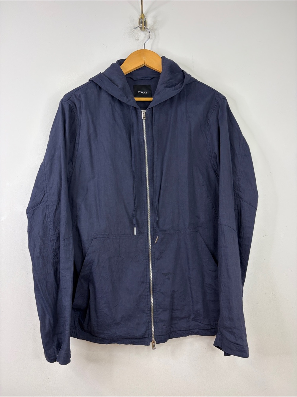 Theory Jacket Mens Large Navy Blue Linen Stretch Zip Up Hoodie Casual Travel